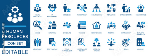 Human resources icon set. Featuring HR management, recruitment, hiring, teamwork, training, performance review, career growth, employee, management and more icons. perfect vector icon collection.