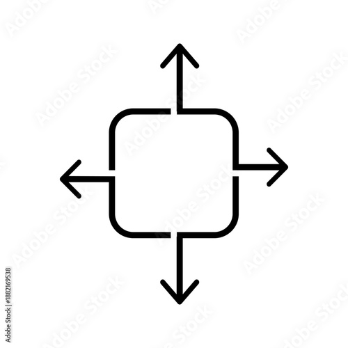 Simple line icon with arrows pointing in four directions, representing movement, navigation, flexibility, and control in all directions.