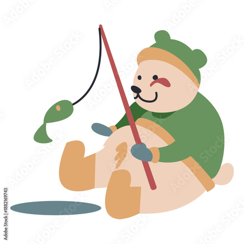 Winter animal character bear fishing color