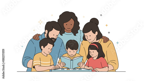 Family Reading Together with Children and Adults.