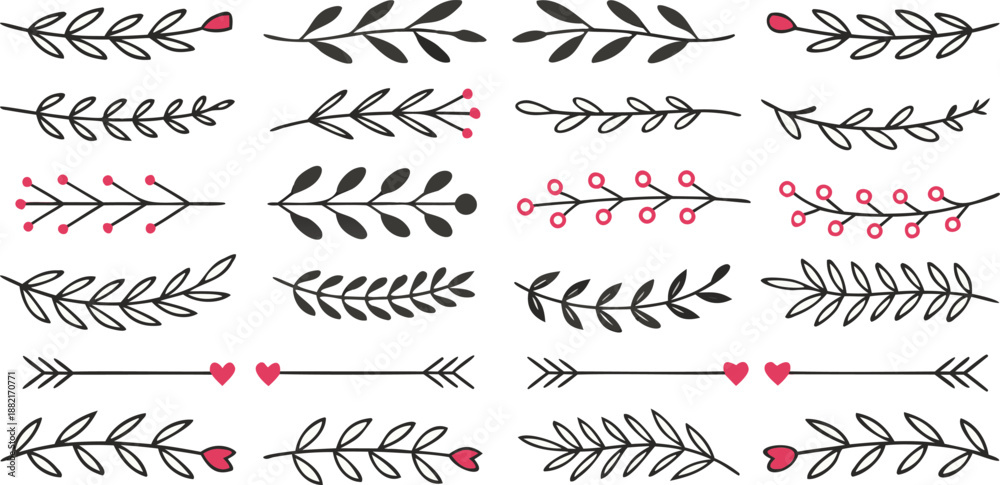 Obraz premium Elegant Floral Patterns Featuring Leaves and Hearts for Design