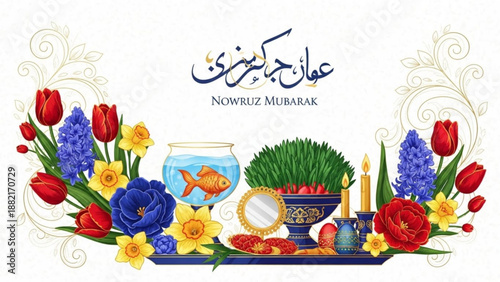 Nowruz mubarak celebration with traditional haft seen table setting