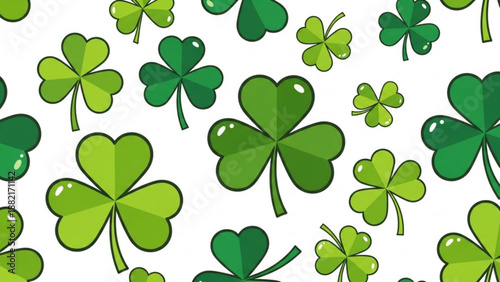 Vibrant green shamrocks scattered on white background for st patrick's day