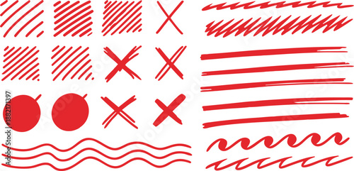 Red shapes and lines drawn by hand