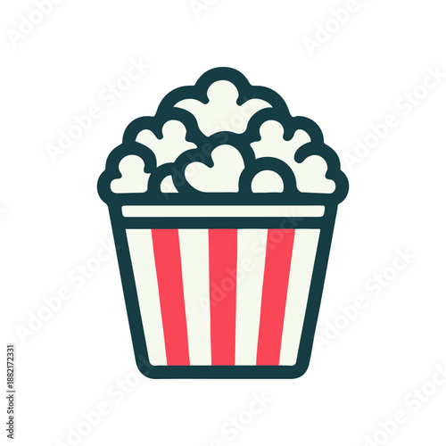 A colorful striped popcorn bucket filled with fluffy popcorn, perfect for movie nights