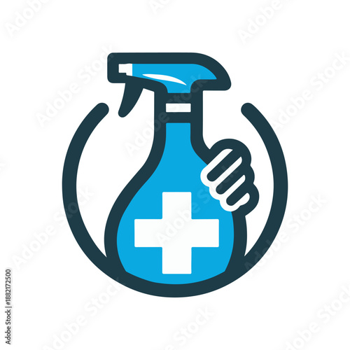 A hand holding a blue spray bottle with a medical cross symbol, representing cleaning and sanitizing