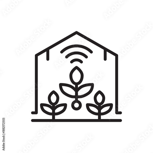 Automated greenhouse icon. Smart agriculture and precision climate control, representing IoT-enabled grow houses, sustainable fiber cultivation, indoor farming technology, and industrial agritech.