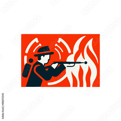 A hunter aiming at a target with flames in the background, showcasing a dynamic action scene