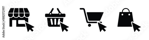 Collection of Online Shopping Icons Store Basket Cart and Bag Symbol with Cursor Buying Button Isolated on White Background Simple Vector Illustration Template