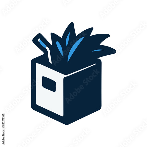 A stylish, modern planter filled with vibrant greenery, set against a minimalistic background