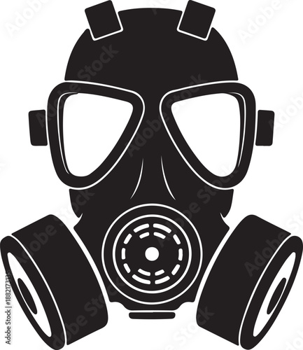 Black and white gas mask illustration with filter and goggles