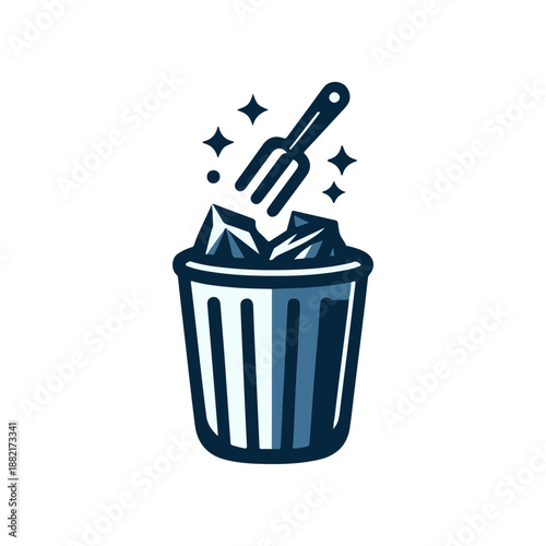 A stylized illustration of a fork lifting shiny ice cubes from a trash bin, symbolizing waste management