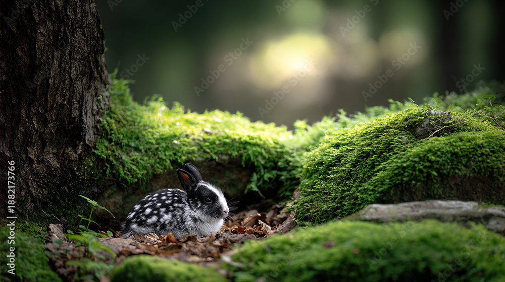 Obraz premium Rabbit Resting in a Mossy Forest