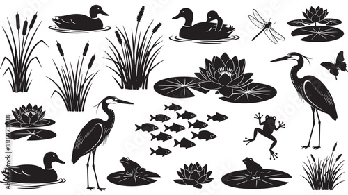 Wetland wildlife silhouettes in serene monochrome with dramatic lighting on white background for nature illustration