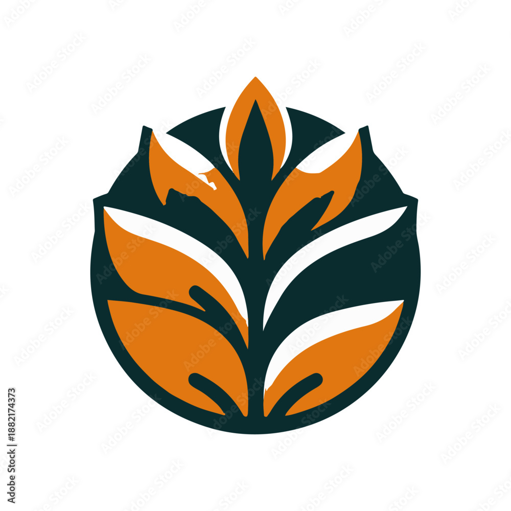 Fototapeta premium Abstract logo design featuring stylized leaves in orange and white on a dark background
