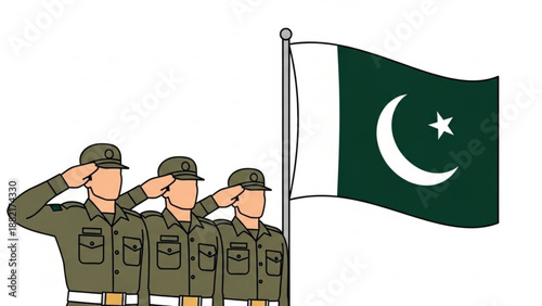 Three pakistani soldiers saluting with national flag