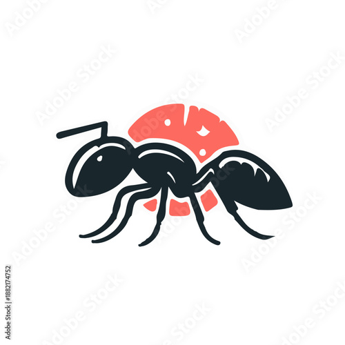 Black ant illustrated against a stylized red background, showcasing its detailed anatomy