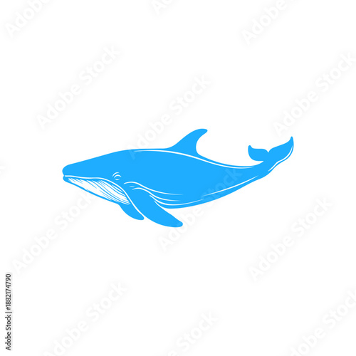 Blue whale illustration swimming gracefully in an ocean setting with a serene background