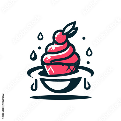 Colorful ice cream sundae with cherry on top, served in a bowl, with drops of syrup around