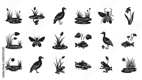 Black Silhouette of Various Water Birds and Insects in Simple Flat Design on White Background for Wildlife Illustration