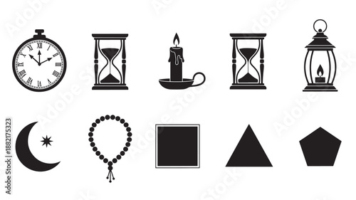 Islamic symbols collection in minimalist black and white design with simple shapes and soft lighting for cultural education