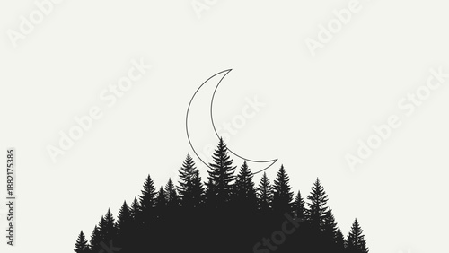 Crescent Moon Above Silhouetted Forest Trees.