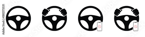 Driving Safety Symbol Steering Wheel Hands Icon Cellphone Forbidden Traffic Regulations Road Rules Drive Carefully Vehicle Control Attention on Road Car Driver Silhouette Black 200x