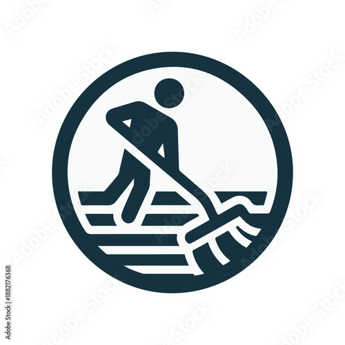 Icon depicting a person using a rake in a field, symbolizing agriculture and labor