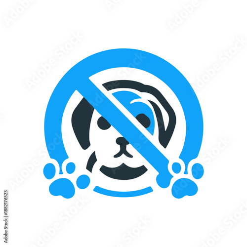 Illustration of a dog inside a prohibition symbol, highlighting pet restrictions in a playful manner