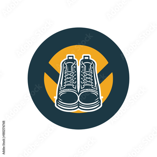 Illustration of stylish boots centered in a circular design with a bold background pattern