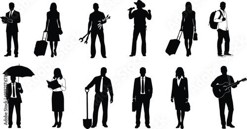 Black silhouette collection of diverse people including business professionals, manual workers, travelers with luggage, musicians, and everyday 