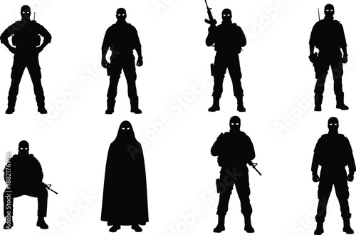 Black silhouette set of tactical military soldiers, special forces operatives with weapons, masked mercenaries, and security personnel in various combat poses for action design concepts.