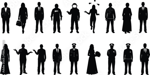 Black silhouette set of tactical military soldiers, special forces operatives, armed security personnel, and masked combat fighters in diverse action poses for professional design projects.