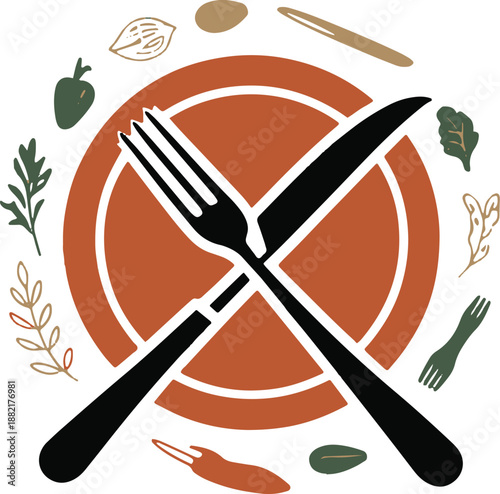 fork and knife logo with food elements for culinary business vector Vibrant stylized