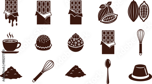 Chocolate and cocoa icons set featuring bars, beans, desserts, drinks, and baking tools, vintage style food illustration for confectionery branding, cafe menus, and culinary design