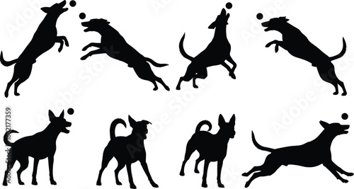 Dog silhouette action set showing jumping running playing catching ball poses isolated on white background vector illustration pet activity motion collection playful canine behavior