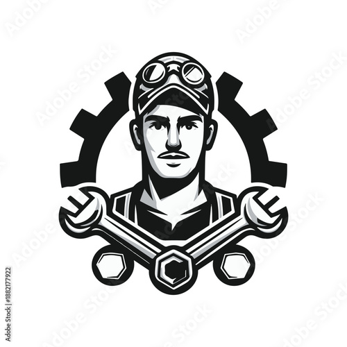 Skilled mechanic in vintage gear with tools, set against a backdrop of industrial machinery