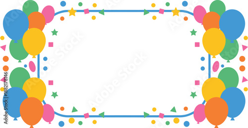 Vibrant birthday frame illustration. Festive blue dotted border with colorful balloons, sparkling stars, confetti. Perfect for joyous party invitations and celebration designs