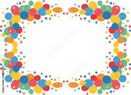 Colorful balloon and confetti birthday frame for celebration and party invitations