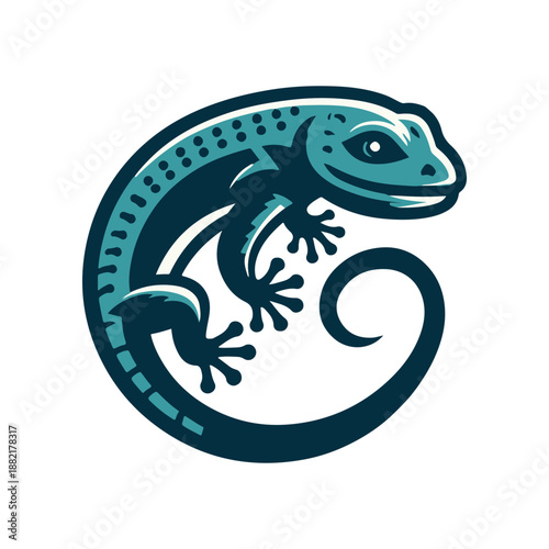 Stylized illustration of a gecko climbing with a curled tail on a white background