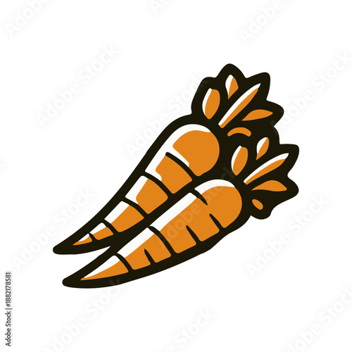 Two vibrant orange carrots with green tops, set against a clean white background, ideal for food-related content