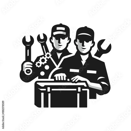 Two skilled technicians holding tools and a toolbox, ready for a mechanical task in a workshop