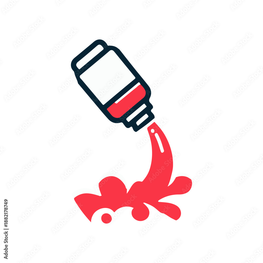 Fototapeta premium Vibrant red paint pouring from a bottle, creating splashes on a white surface, ideal for art projects