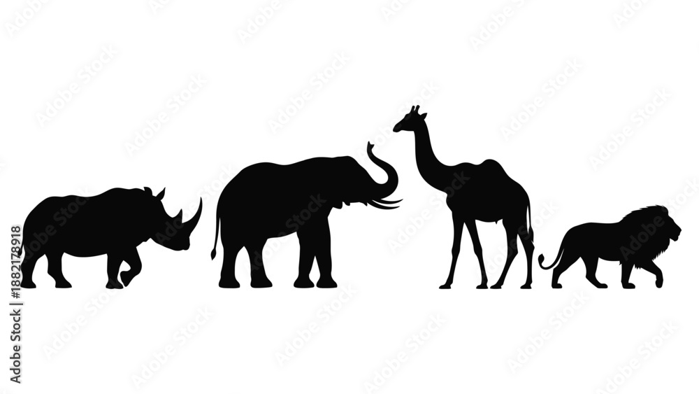 Fototapeta premium silhouette illustration depicting a rhino elephant giraffe and lion standing in a row