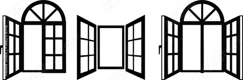Open Casement Window Frames with Glass Silhouette Vector