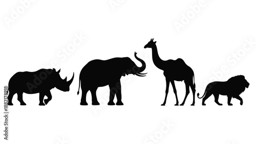 silhouette illustration depicting a rhino elephant giraffe and lion standing in a row