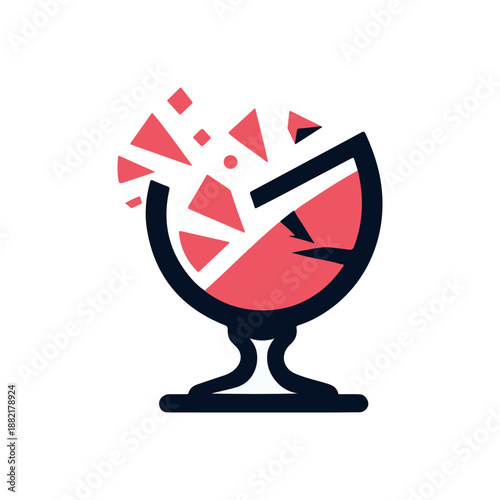 A broken glass filled with a red beverage, surrounded by colorful shards, symbolizing fragility