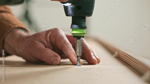 Wallpaper Mural Skilled craftsman using a power screwdriver to secure a metal screw into wooden material, demonstrating precision and technique in a well-lit workspace Torontodigital.ca