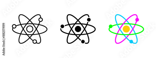 Set of atom molecule structure models vector icons with electrons orbiting nucleus in different styles outline glyph and color flat design for science theme