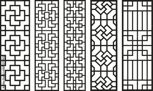 Black and white geometric jali patterns with intricate lattice